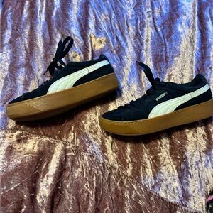 Puma Black and White Suede Vicky Platform Sneakers with Brown Sole